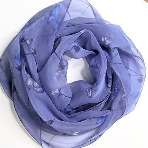 Blue Floral & Butterfly Design Sheer Oblong Scarf